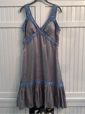 Lyndia Procanik Silver Grey Ruffle Metallic Sheen with Blue Trim Dress Size 12
